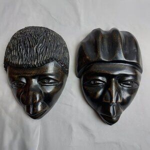AFRICAN MASKS Malawi black carved TRIBAL Wall Art 9"x 6" Reynold signed - Ex Con
